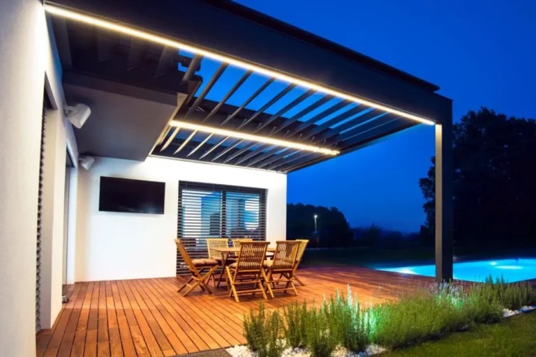 Outdoor pergola with lighting by Pergolas Christchurch and expert service from Deck Builders Christchurch.