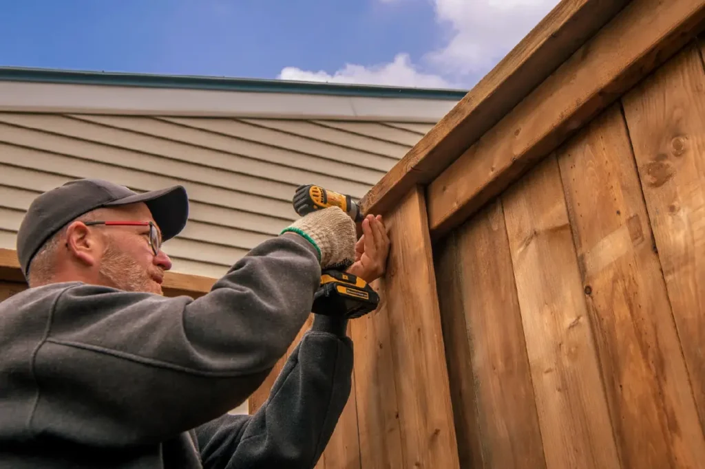 Skilled worker installing wooden fence for Fence Builders Christchurch with Deck Builders Christchurch.