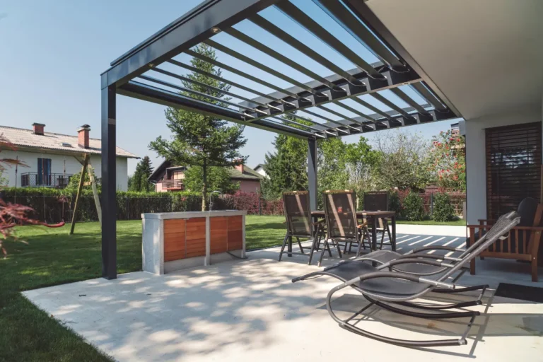 Stylish louvred pergola built by Pergolas Christchurch with expert service from Deck Builders Christchurch.