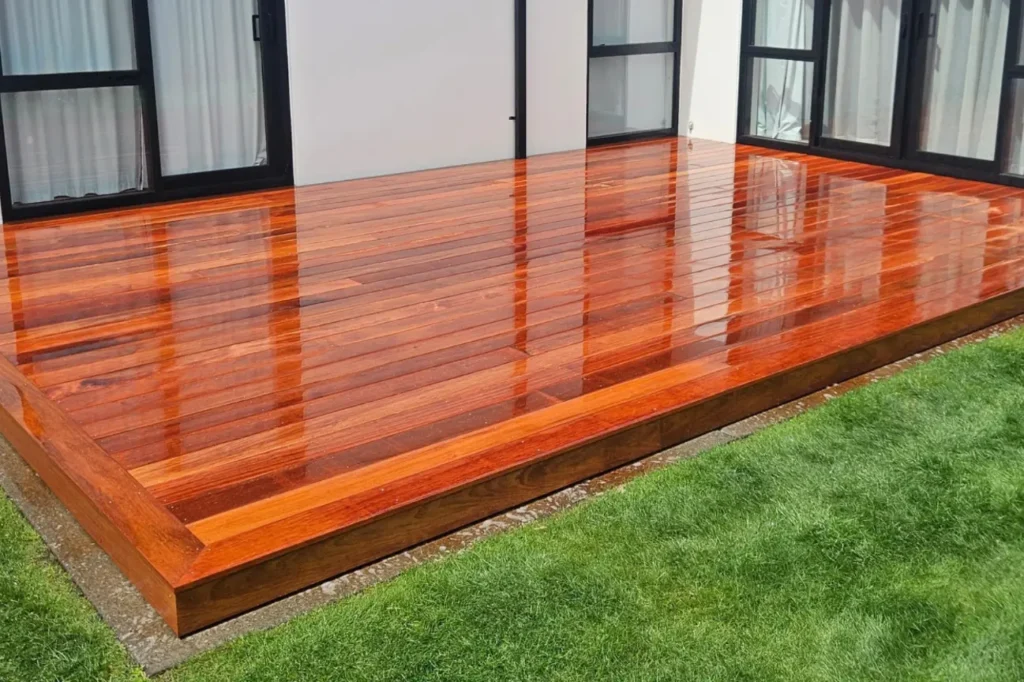 High gloss timber deck installation by professional deck builders christchurch.