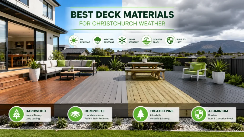 Best deck materials for Christchurch weather displayed in a modern outdoor living space