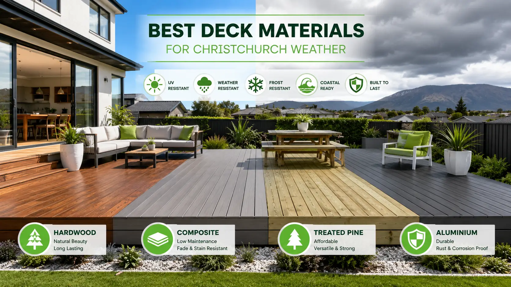 Best deck materials for Christchurch weather displayed in a modern outdoor living space