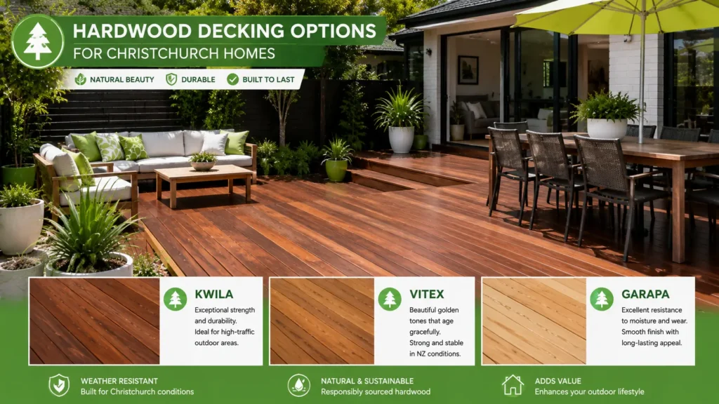 Hardwood decking options including Kwila Vitex and Garapa for Christchurch homes