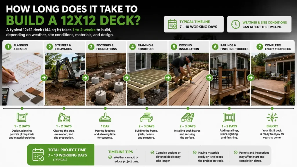 Construction timeline showing each stage of building a 12x12 deck from planning to completion.