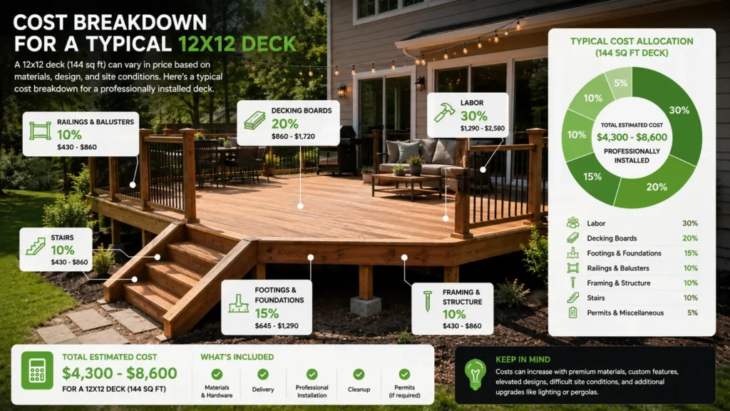 Cost breakdown of a typical 12x12 deck showing materials, labor, framing, and foundation components.