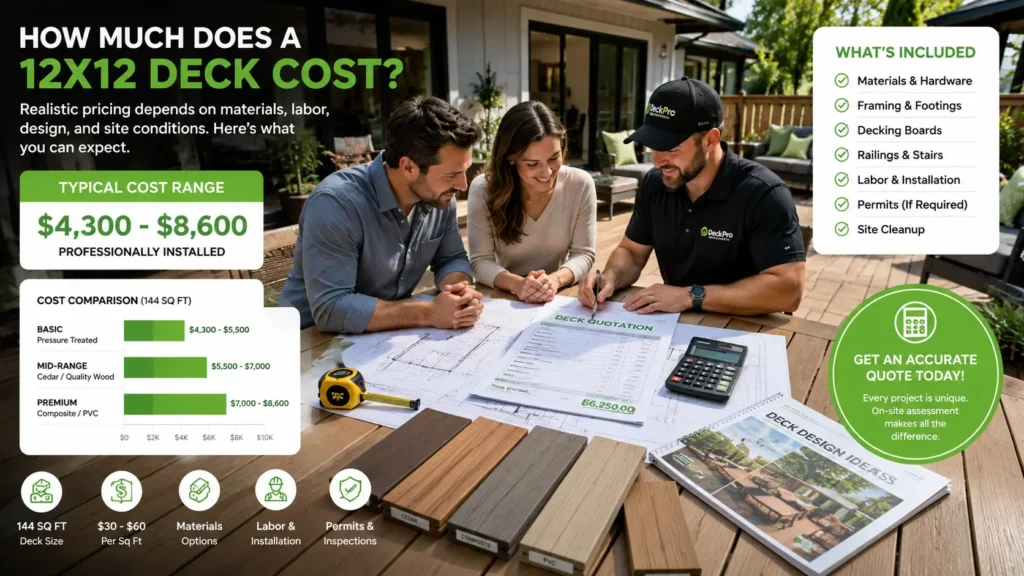 Homeowners reviewing the estimated cost of building a 12x12 deck with a professional deck builder.