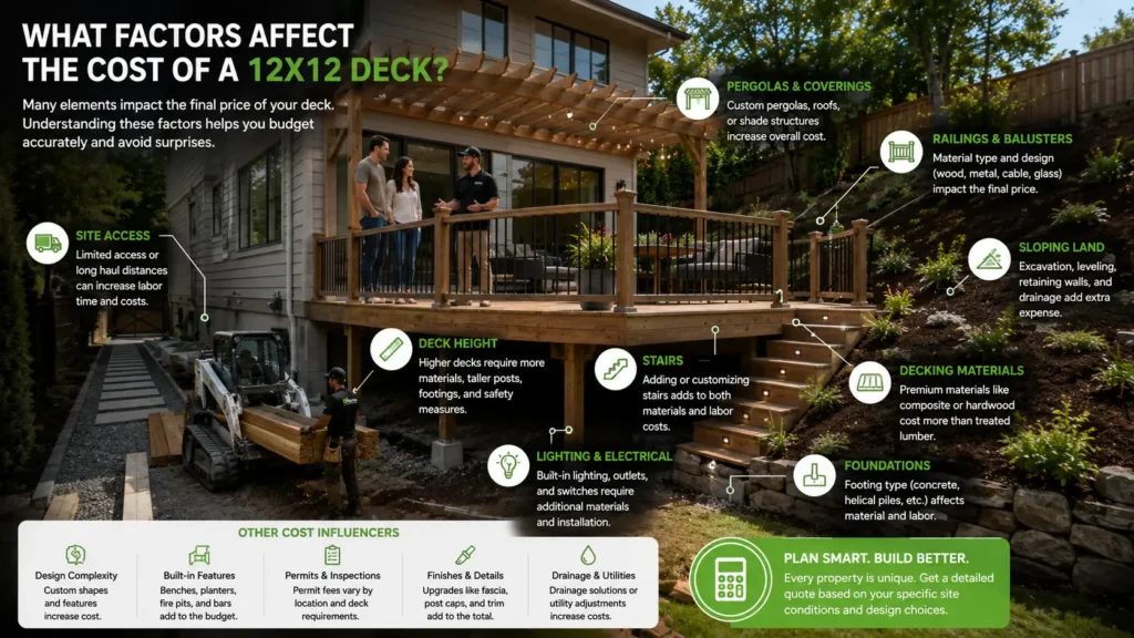 Illustration showing the major factors that affect the cost of building a 12x12 deck.