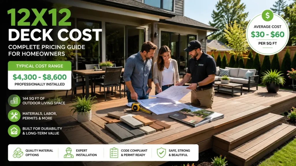 12x12 deck cost guide showing a completed backyard deck with a homeowner discussing pricing and design with a professional deck builder.