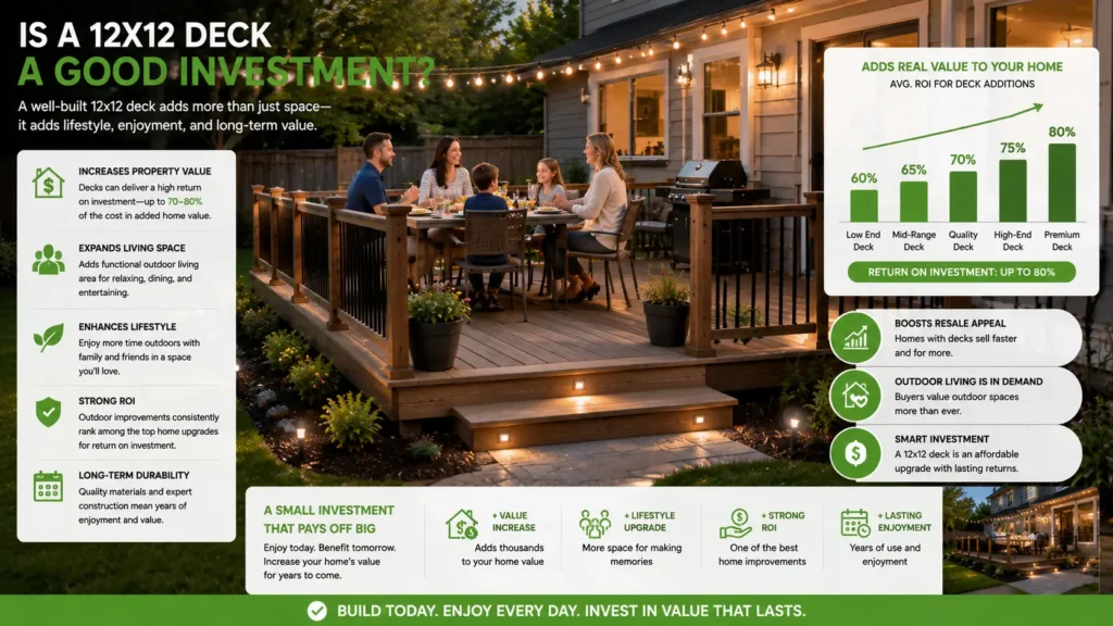 Family enjoying a completed 12x12 deck that adds outdoor living space and long-term property value.