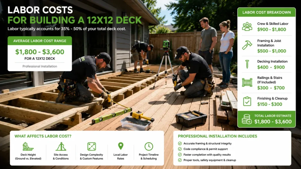 Professional builders constructing a 12x12 deck during the framing and installation process.