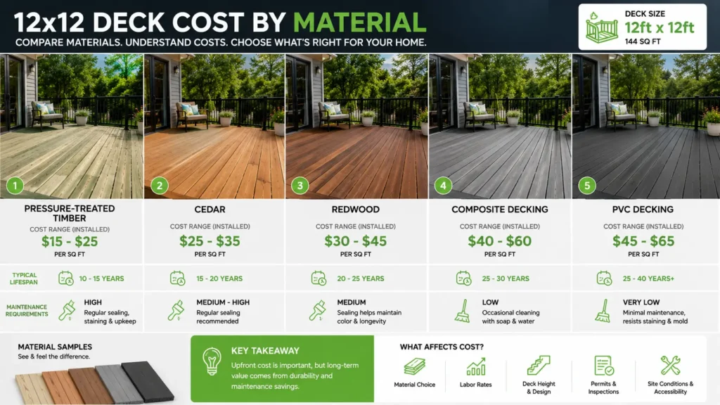 Comparison of pressure-treated timber, cedar, composite, PVC, and redwood decking materials for a 12x12 deck.