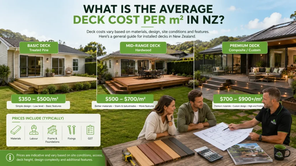 Comparison of basic, mid-range and premium deck costs per square metre in New Zealand.
