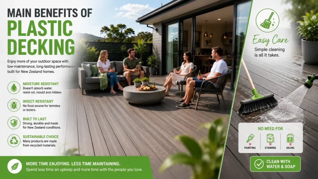 Low maintenance plastic decking with homeowners enjoying an outdoor entertaining area