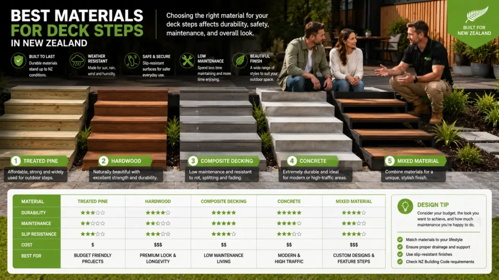 Comparison of materials used for deck steps in New Zealand.