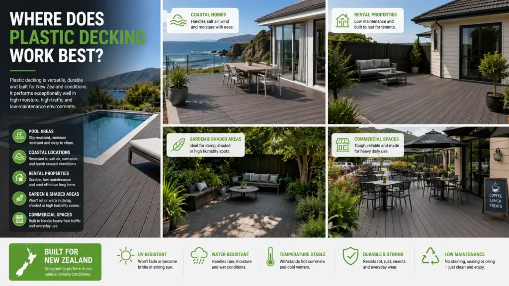 Plastic decking used around pools, coastal homes and outdoor living spaces