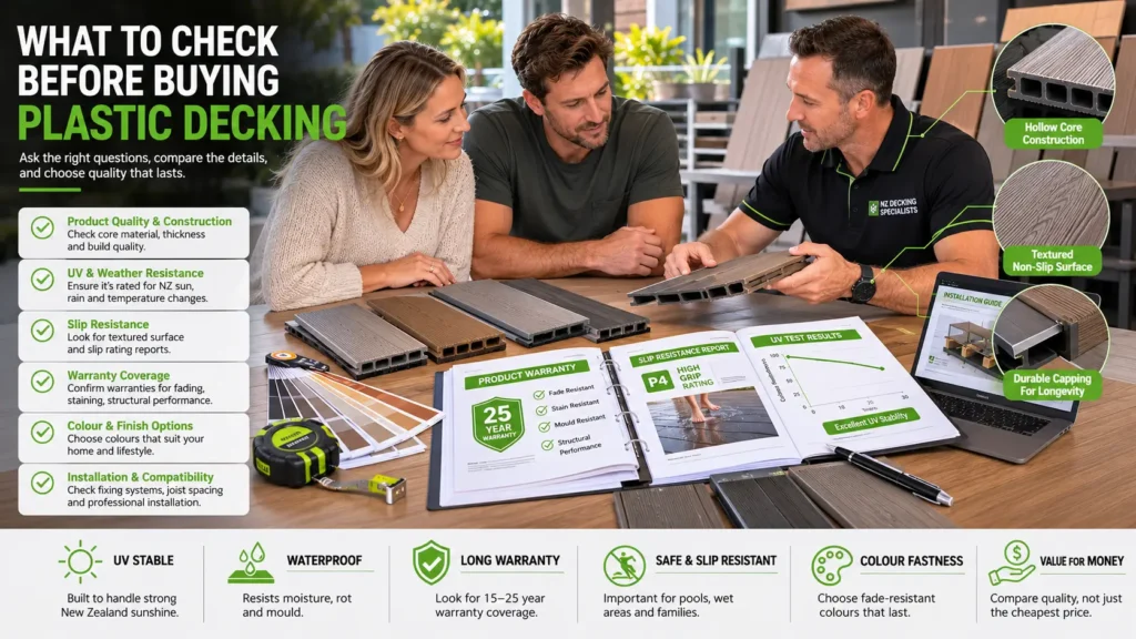 Homeowners comparing plastic decking samples warranties and specifications