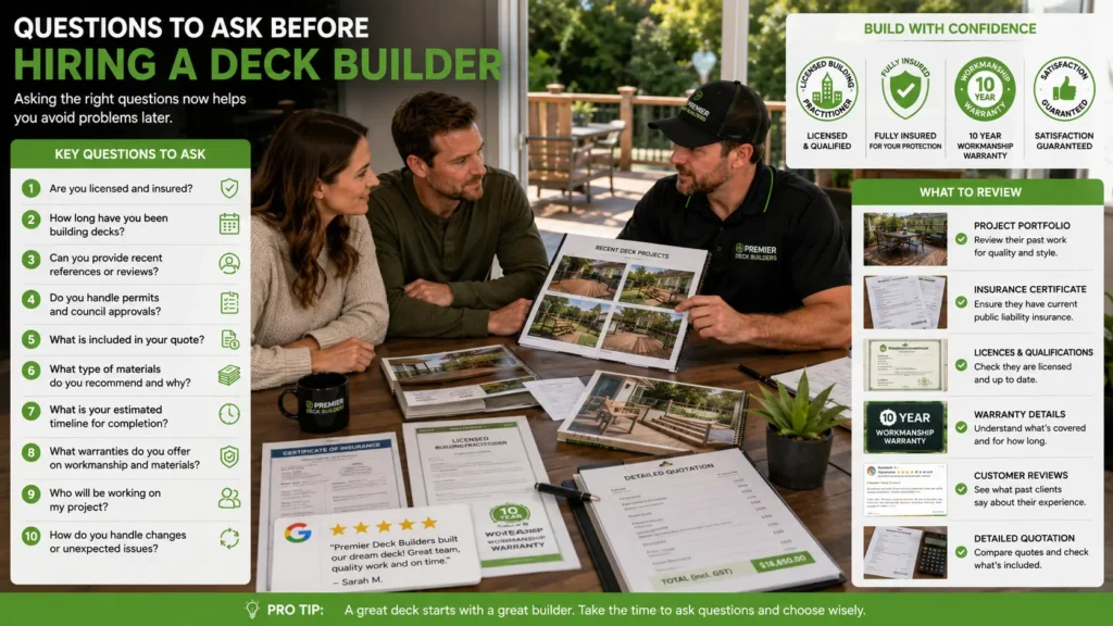 Homeowners meeting with a professional deck builder to compare quotes, licences, warranties, and previous projects.