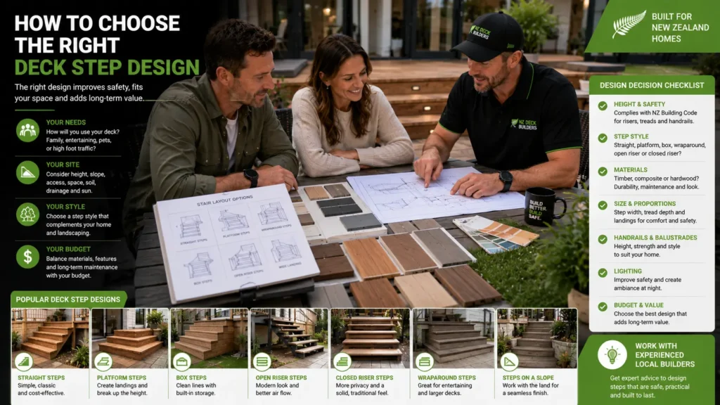 Homeowners choosing the right deck step design with a builder.