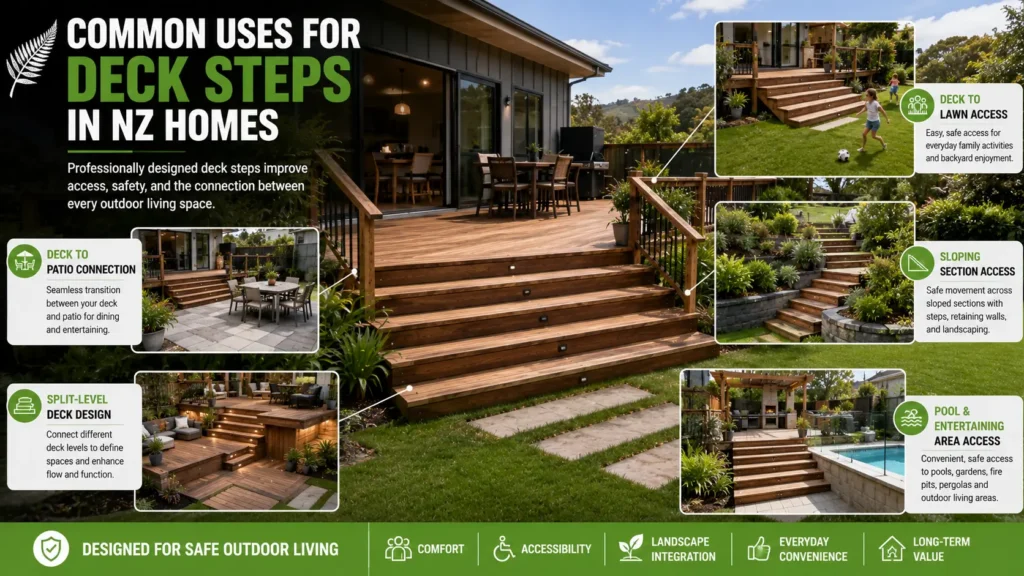 Common uses of professionally built deck steps connecting outdoor spaces at a modern New Zealand home.