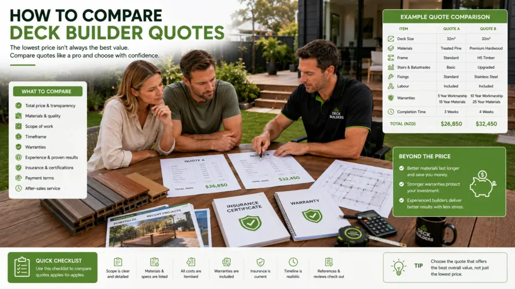 Homeowners comparing professional deck builder quotes before choosing a contractor.