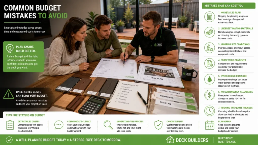 Homeowners avoiding common deck budgeting mistakes.