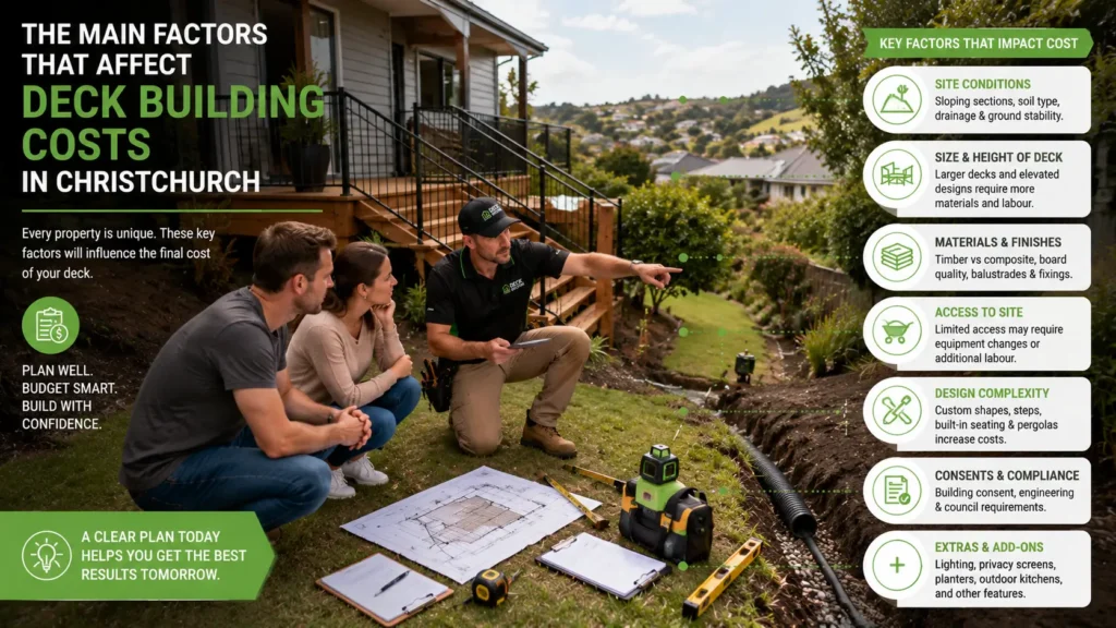 Builder assessing site conditions that affect deck costs in Christchurch.
