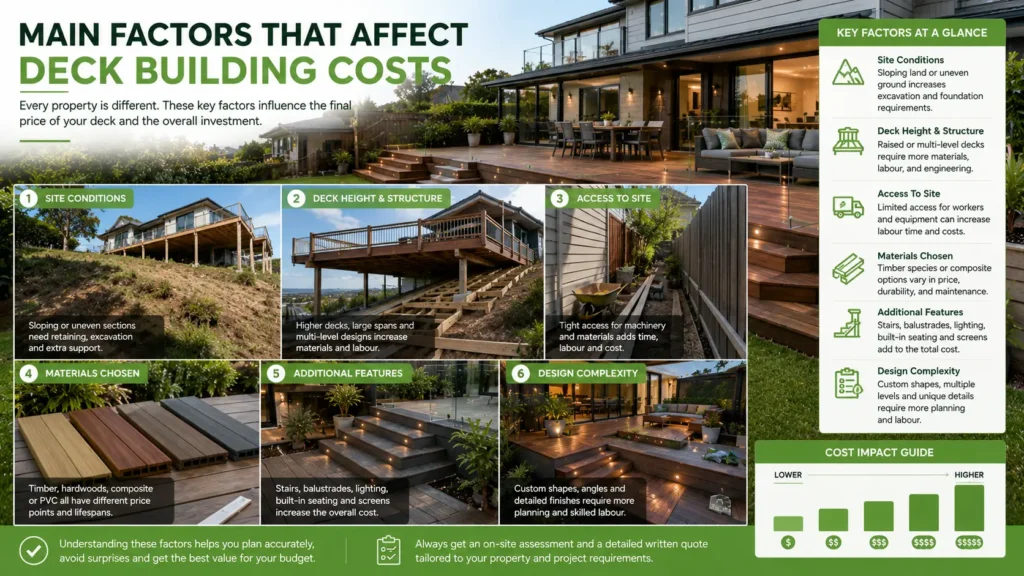 Key factors that affect the cost of building a residential deck in New Zealand.
