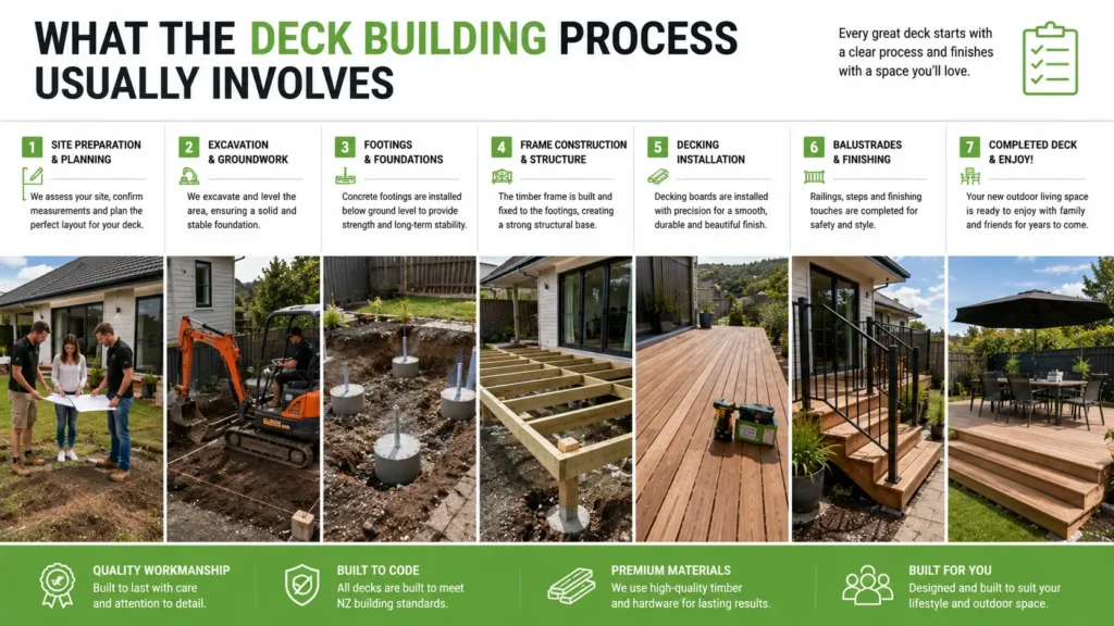 Complete deck construction process from planning to completion.