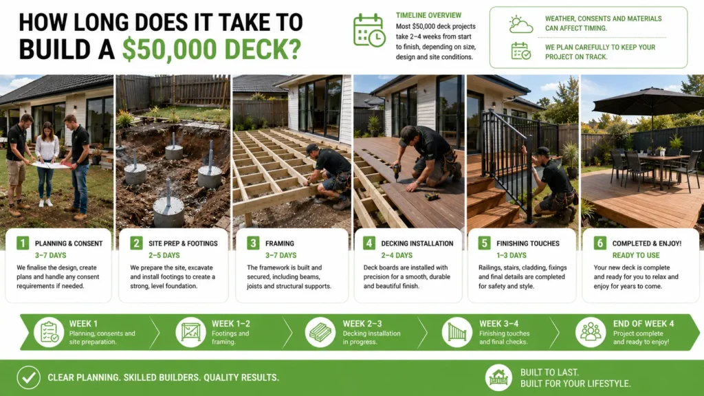 Typical timeline for building a $50,000 deck in Christchurch.