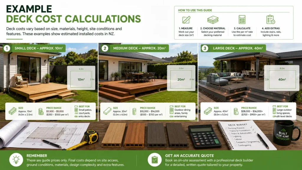 Example deck sizes and estimated deck cost calculations in New Zealand.