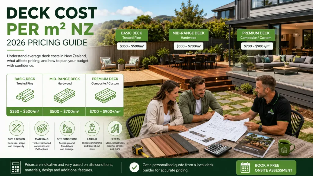 Deck cost per m² in New Zealand showing different decking options and a professional consultation.