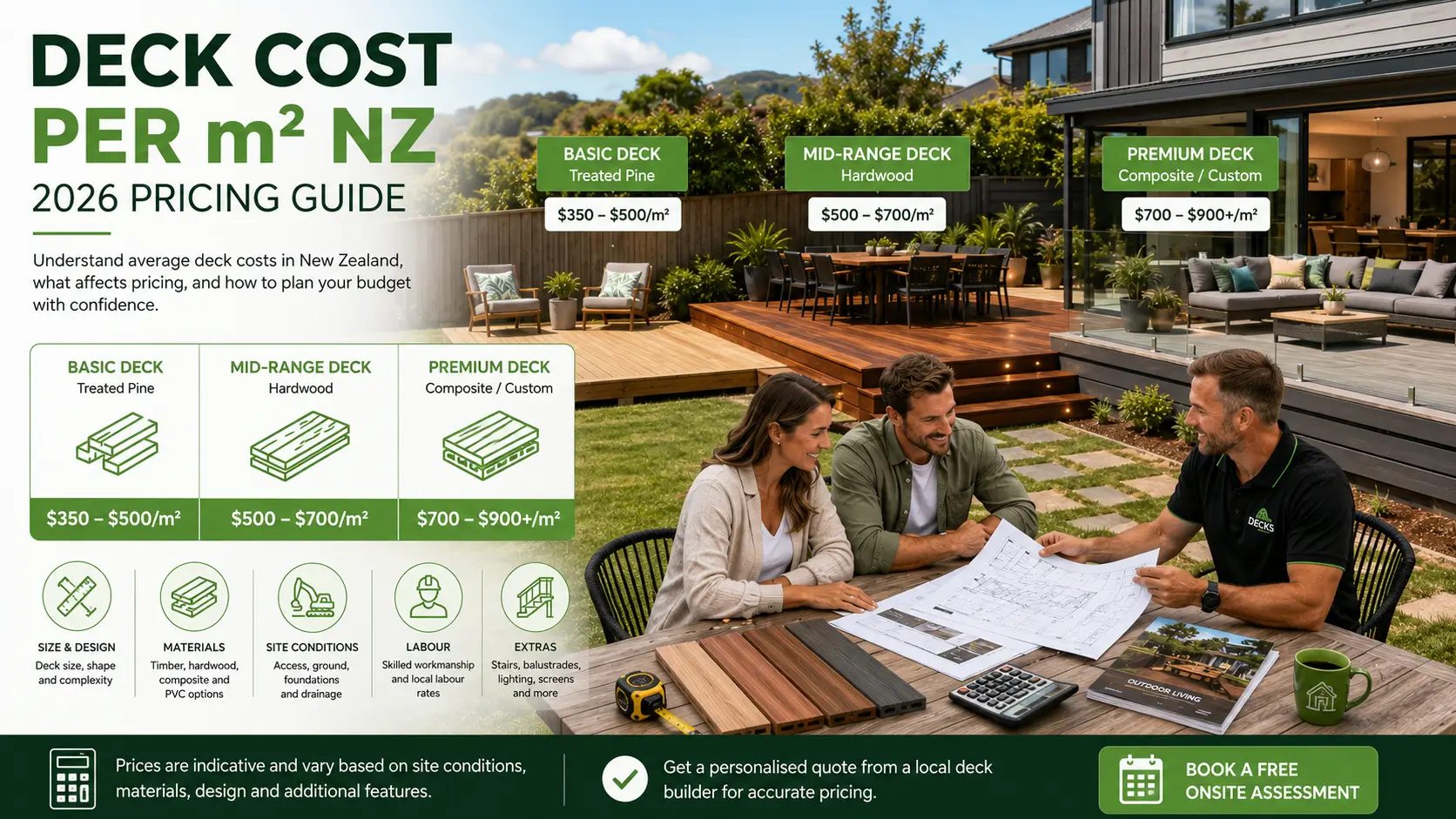 Deck cost per m² in New Zealand showing different decking options and a professional consultation.