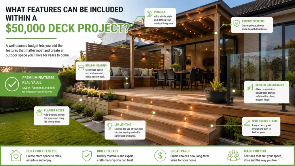 Outdoor deck features that fit within a $50,000 budget.