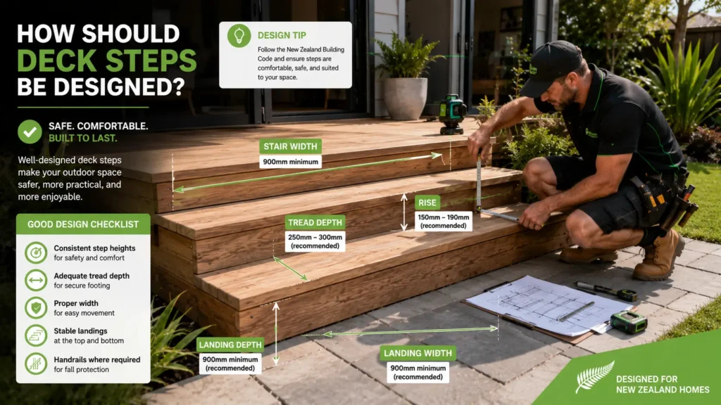 Professional measuring deck step dimensions before construction.