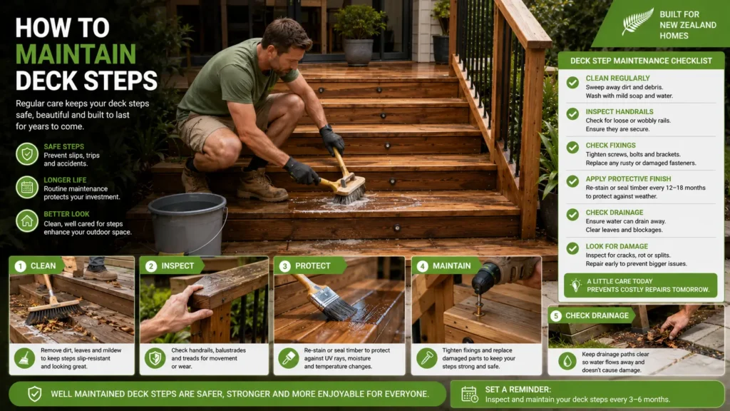 Homeowner maintaining timber deck steps in New Zealand.
