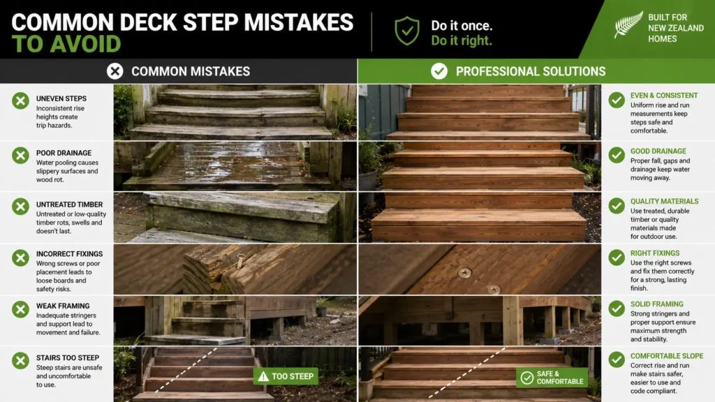 Common deck step construction mistakes compared with correct installation.