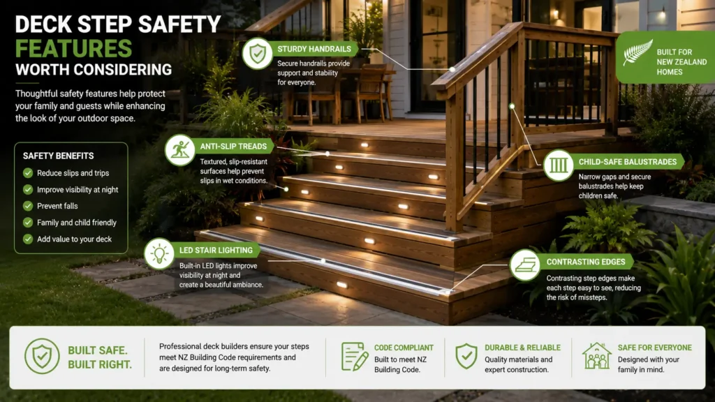 Safe deck steps with handrails, lighting, and anti-slip features.