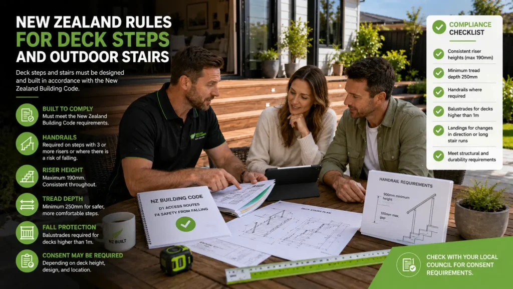 Deck builder reviewing New Zealand deck step building requirements.