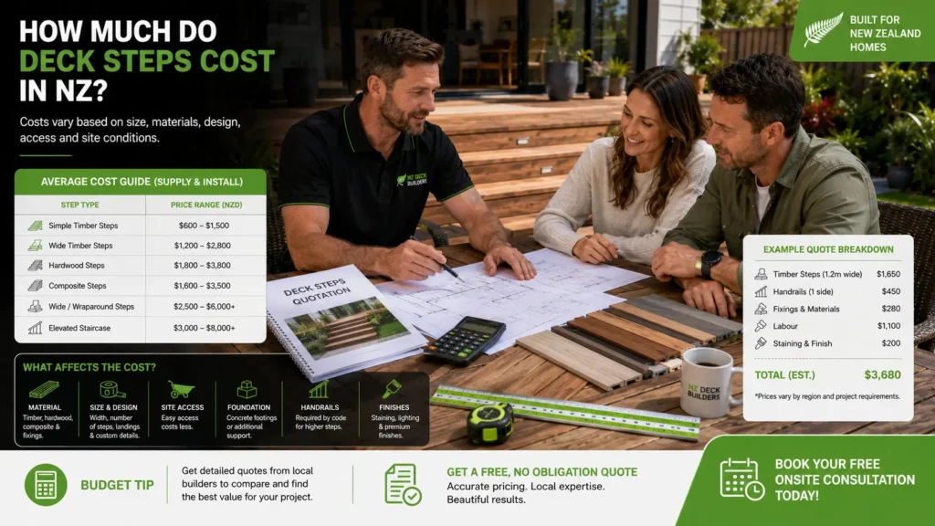 Homeowners reviewing deck step construction costs in New Zealand.