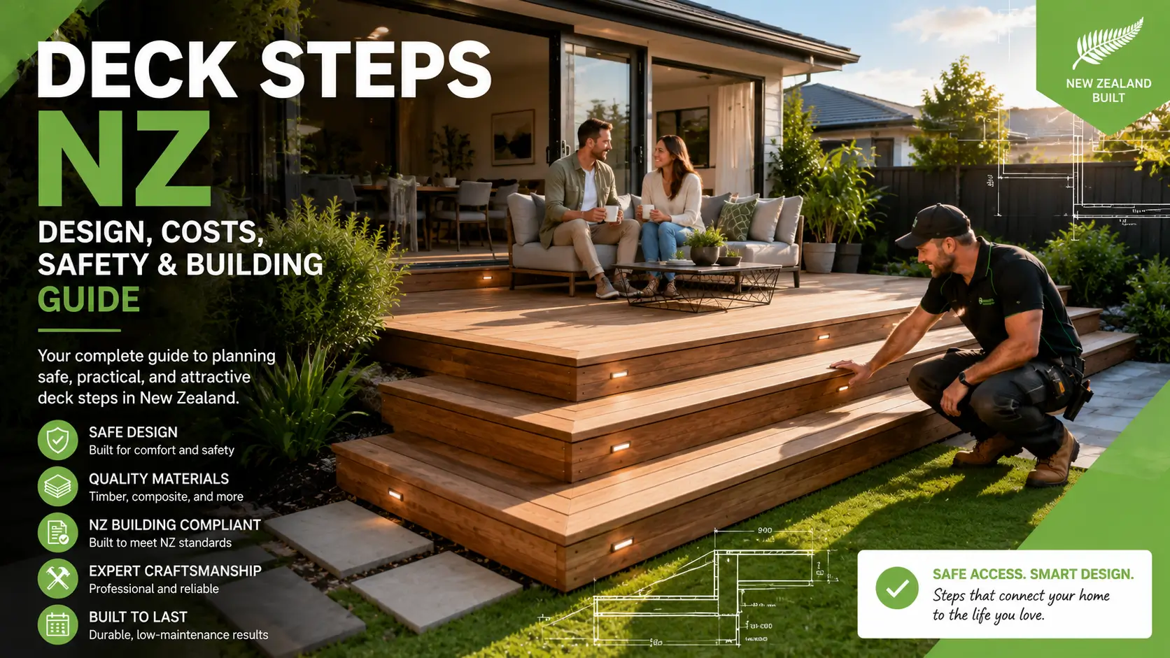 Modern timber deck steps at a New Zealand home with landscaped backyard.