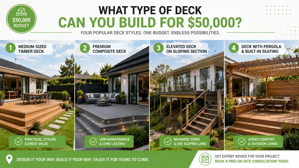 Different deck styles that can be built for $50,000 in Christchurch.