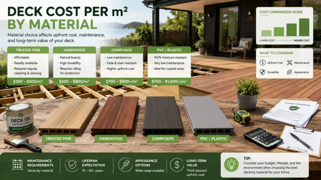 Comparison of treated pine, hardwood, composite and PVC decking materials in New Zealand.