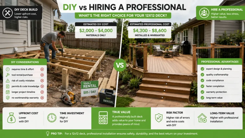 DIY deck construction compared with professional installation of a 12x12 backyard deck.