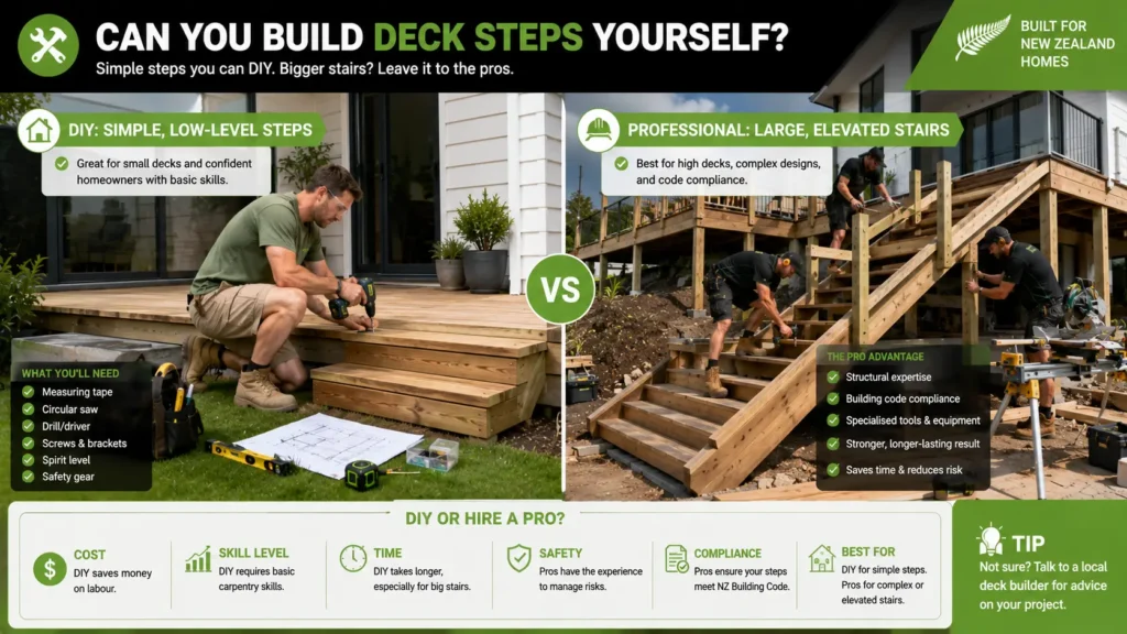 DIY deck steps compared with professional deck stair construction.