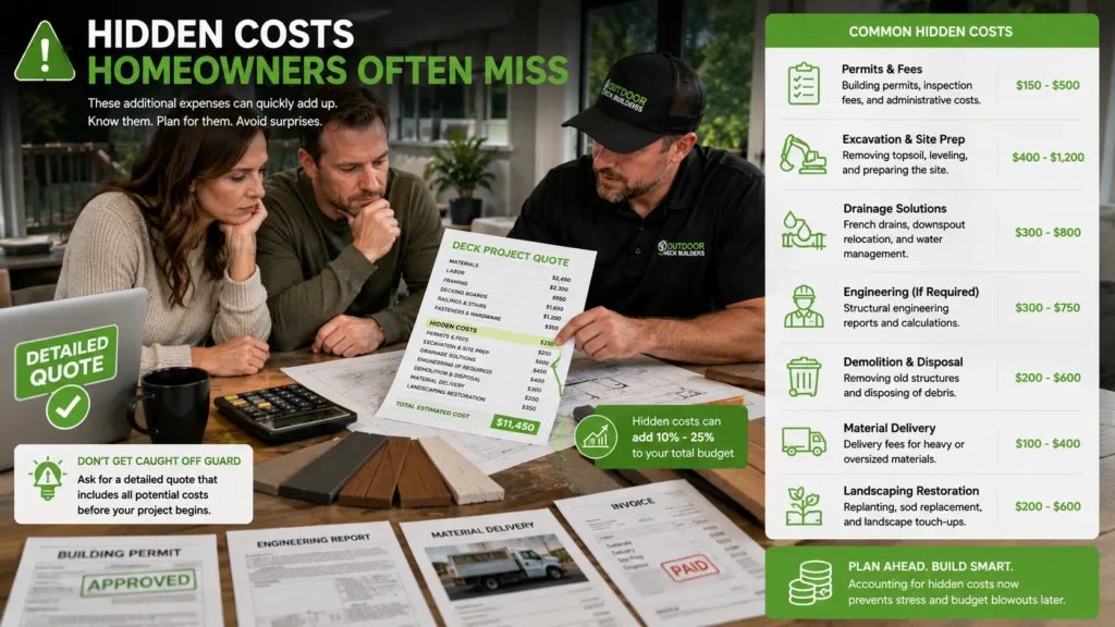 Homeowners reviewing hidden costs involved in building a 12x12 deck.
