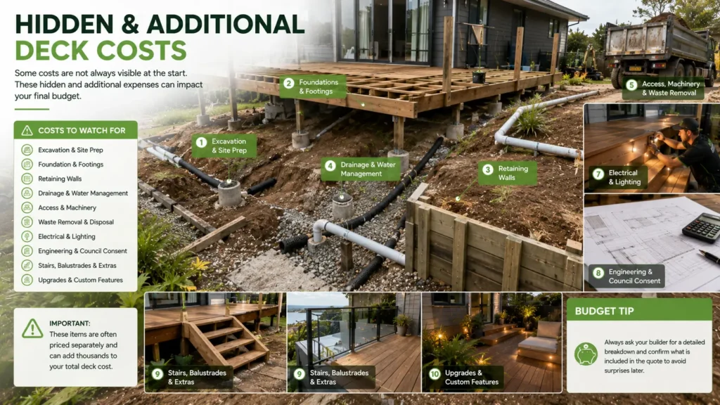 Hidden construction costs that can affect the total price of a deck in New Zealand.
