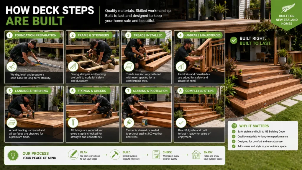 Professional construction of timber deck steps in New Zealand.