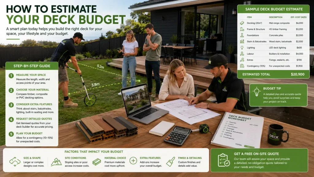 Homeowners estimating their deck budget with a professional deck builder in New Zealand.