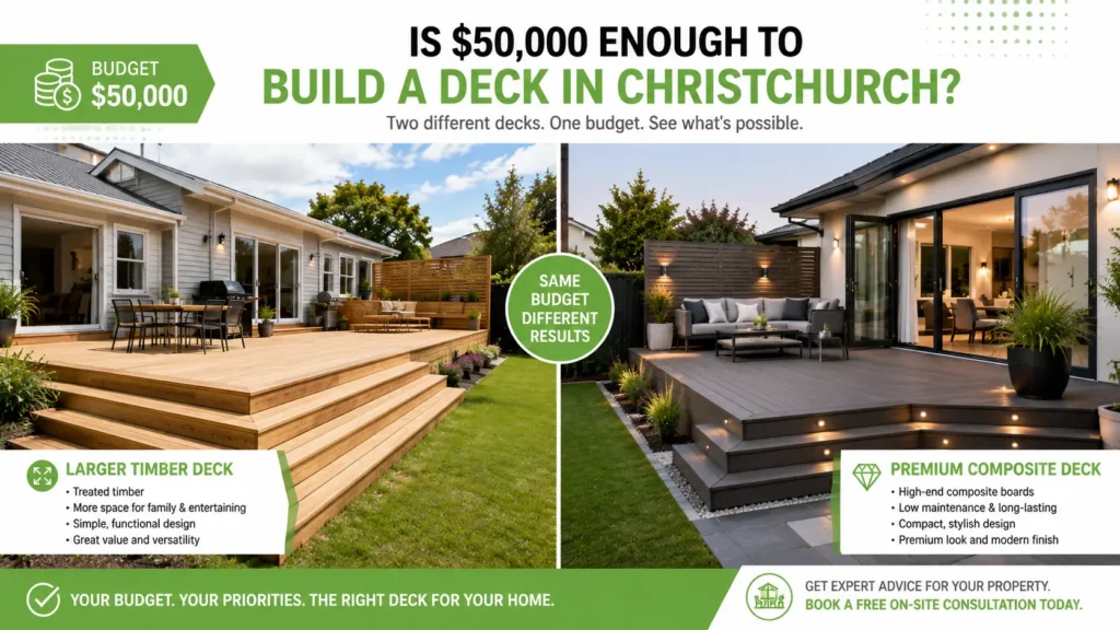 Comparison of two Christchurch decks built with a $50,000 budget.