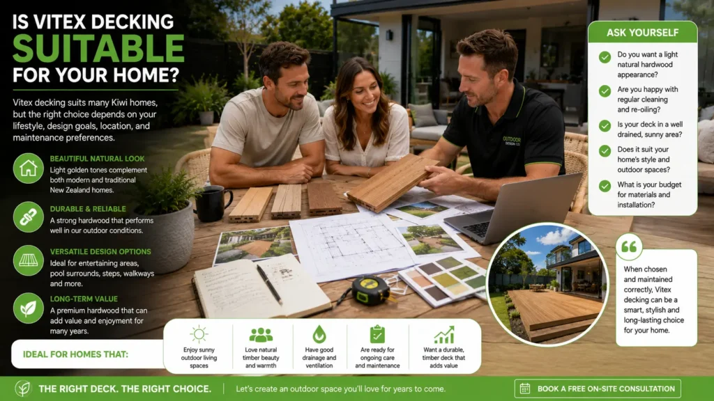 Homeowners choosing whether Vitex decking suits their outdoor project